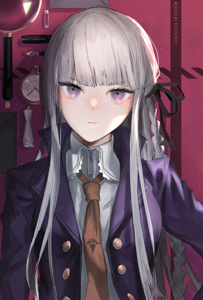 1girl bangs black_ribbon braid breasts brown_neckwear character_name commentary_request dangan_ronpa dangan_ronpa_1 expressionless eyebrows_visible_through_hair gloves grey_hair highres jacket kirigiri_kyouko long_hair long_sleeves looking_at_viewer medium_breasts necktie purple_jacket ribbon ririkonosukee shirt solo violet_eyes watch white_shirt