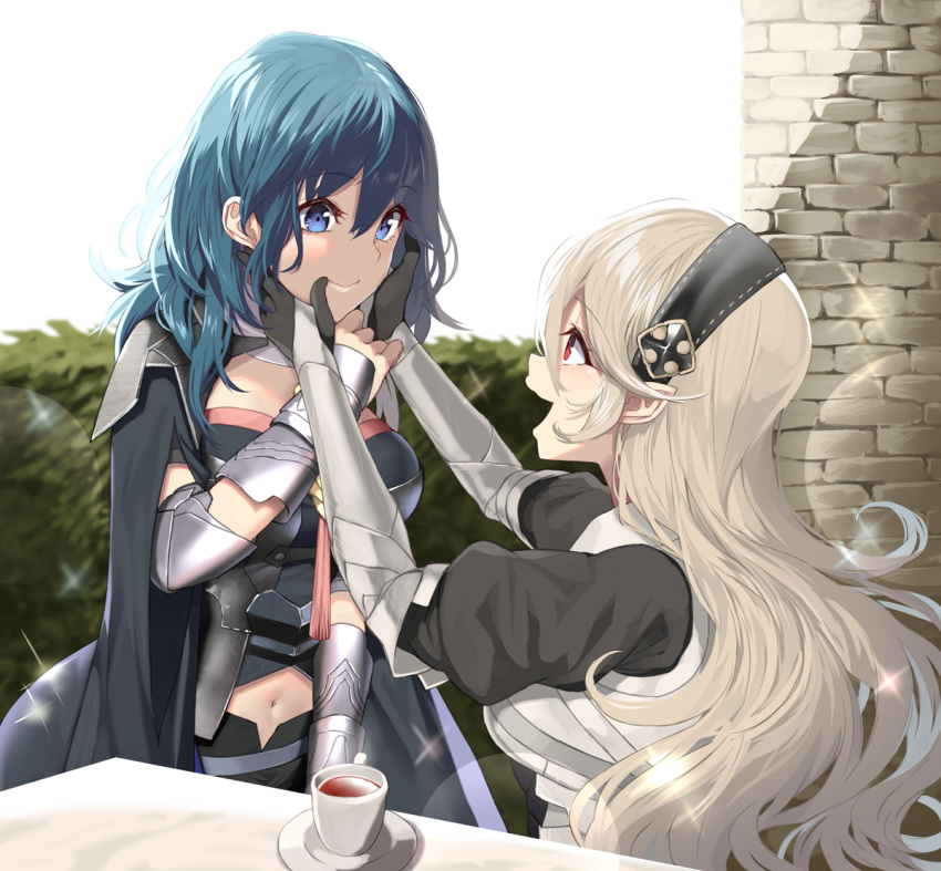 2girls arm_guards armor blonde_hair blue_eyes blue_hair blush brick_wall byleth_(fire_emblem) byleth_eisner_(female) cape coat corrin_(fire_emblem) corrin_(fire_emblem)_(female) cup fire_emblem fire_emblem:_three_houses fire_emblem_fates hairband hands_on_another's_face long_hair looking_at_another medium_hair midriff multiple_girls navel open_mouth pointy_ears red_eyes sparkle table teacup very_long_hair yappen