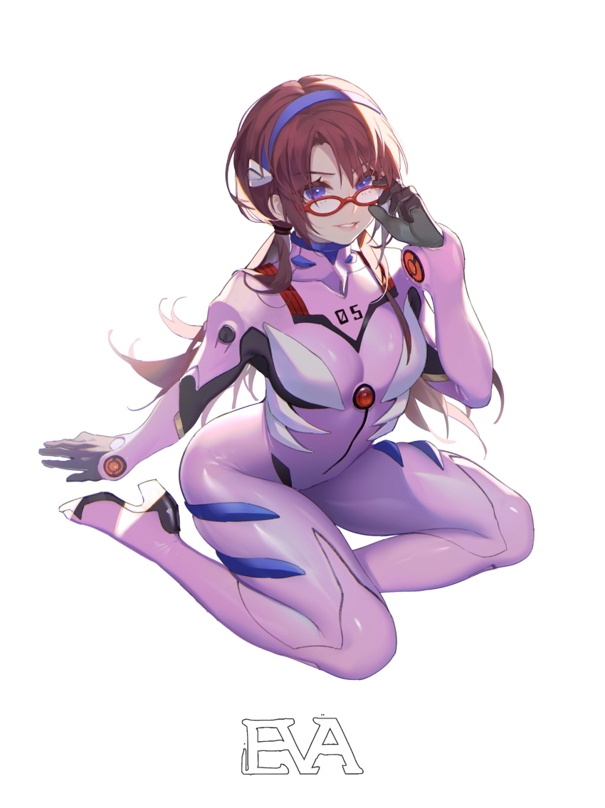 1girl absurdres adjusting_eyewear arm_support bangs blue_eyes bodysuit breasts brown_hair commentary_request covered_collarbone evangelion:_2.0_you_can_(not)_advance evangelion:_3.0_you_can_(not)_redo eyebrows_visible_through_hair full_body glasses hairband hand_up high_heels highres koi_han long_sleeves looking_at_viewer makinami_mari_illustrious medium_breasts neon_genesis_evangelion parted_lips pink_bodysuit plugsuit rebuild_of_evangelion red-framed_eyewear shiny shiny_clothes shiny_hair simple_background sitting skin_tight smile tied_hair white_background