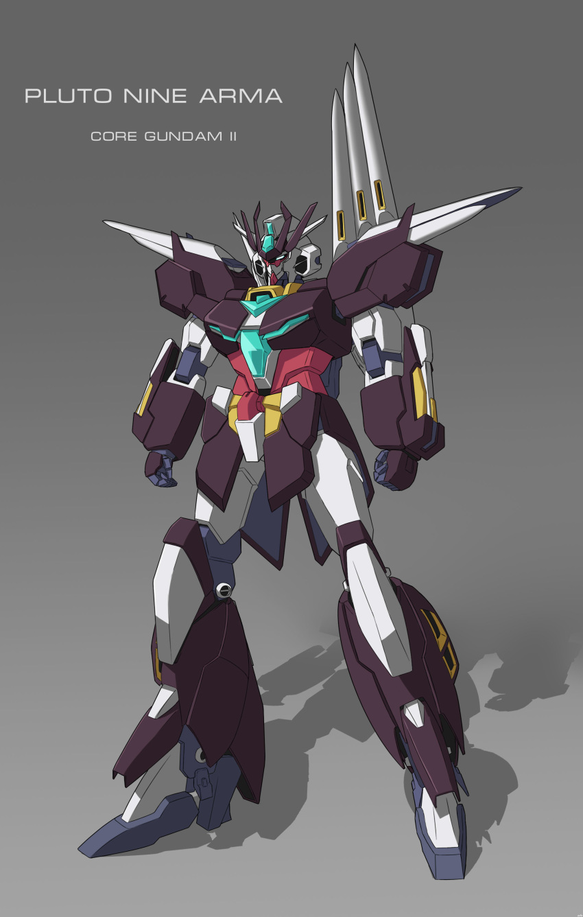 absurdres character_name clenched_hands core_gundam_ii english_text grey_background gundam gundam_build_divers gundam_build_divers_re:rise gunpla highres mecha no_humans original solo standing v-fin yellow_eyes