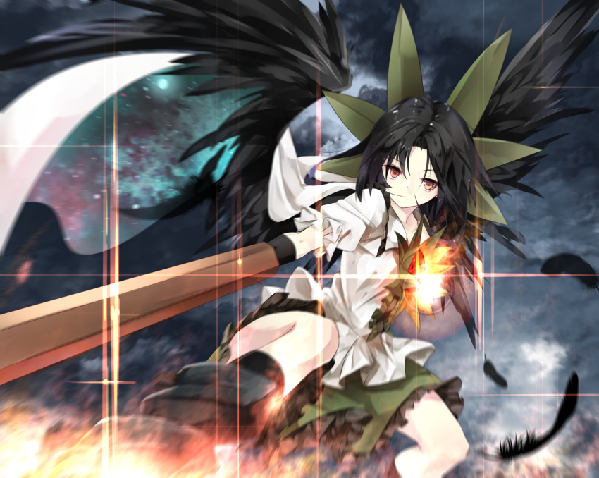 1girl arm_cannon bangs bird_wings black_hair black_legwear black_wings blouse bow cape collared_blouse control_rod feathered_wings frilled_skirt frills gorilla_(bun0615) green_bow green_skirt hair_bow highres kneehighs long_hair parted_bangs puffy_short_sleeves puffy_sleeves red_eyes reiuji_utsuho short_sleeves skirt sky starry_sky_print touhou weapon white_blouse white_cape wings