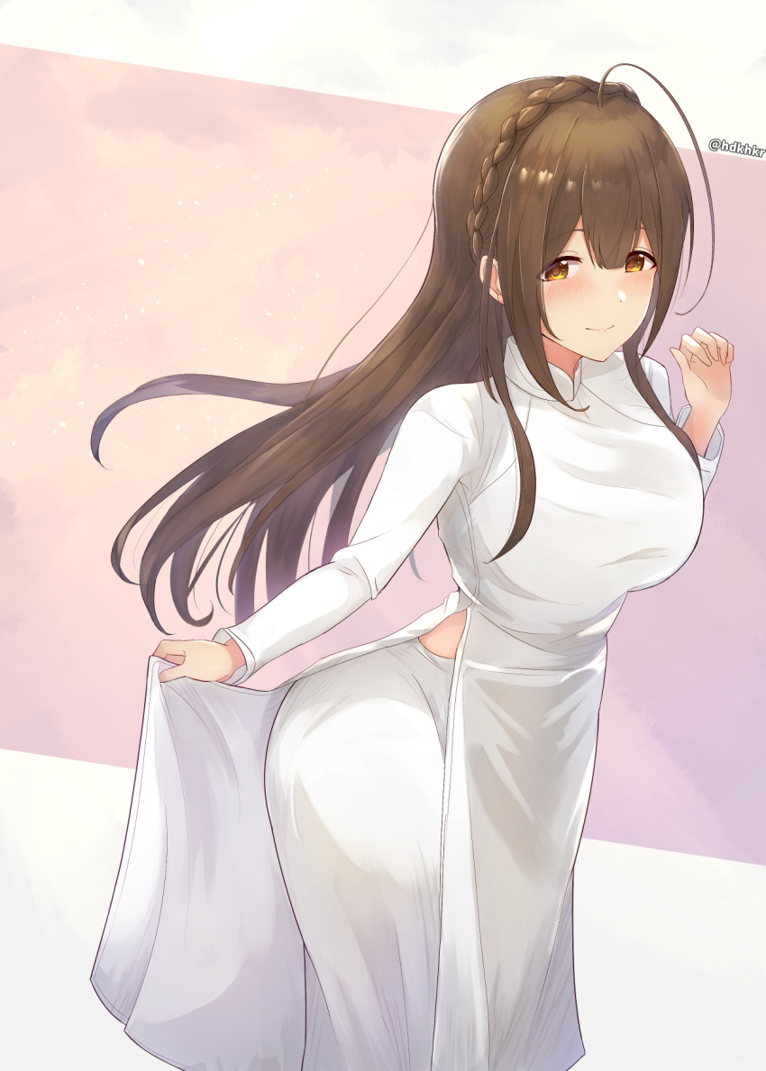 1girl ahoge arched_back bangs blush braid breasts brown_eyes brown_hair collared_dress crown_braid dress dress_lift ears eyebrows_visible_through_hair hair_between_eyes highres hip_focus idolmaster idolmaster_shiny_colors kuwayama_chiyuki large_breasts long_hair long_sleeves looking_at_viewer pelvic_curtain shionootsu side_slit sidelocks smile solo standing swept_bangs twitter_username vietnamese_dress white_dress