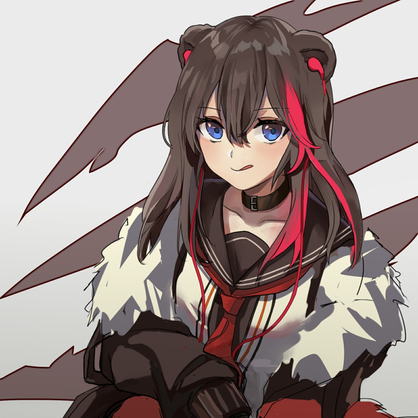 1girl animal_ears arknights bangs bear_ears black_choker black_jacket black_sailor_collar black_shirt blue_eyes breasts brown_hair choker cross-laced_footwear earphones earphones fur-trimmed_jacket fur_trim hair_between_eyes highres jacket long_hair long_sleeves multicolored_hair open_clothes open_jacket red_neckwear redhead sailor_collar school_uniform serafuku shirt small_breasts solo streaked_hair white_jacket xiui7 zima_(arknights)