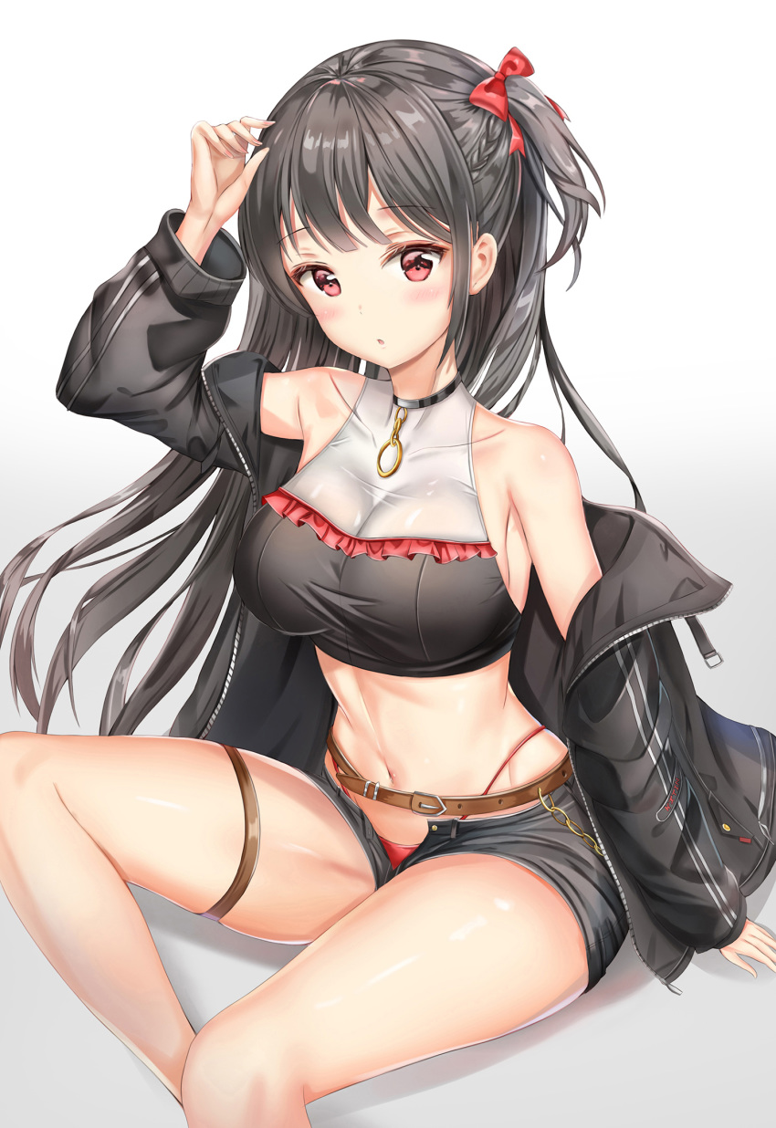 1girl arm_up bare_legs bare_shoulders belt black_hair black_jacket black_shirt black_shorts bow braid breasts chain collarbone crop_top groin hair_bow highleg highres jacket kitin large_breasts long_hair looking_at_viewer micro_shorts midriff navel off_shoulder one_side_up open_clothes open_fly open_jacket original panties panty_peek parted_lips red_bow red_eyes red_panties shirt shorts sitting sleeveless sleeveless_shirt solo stomach thigh_strap thighs underwear very_long_hair