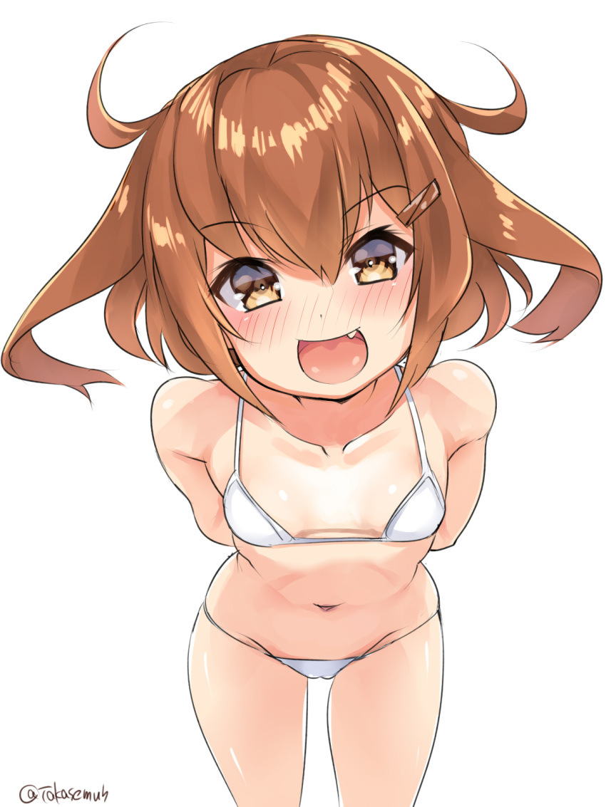 1girl alternate_costume bikini brown_eyes brown_hair collarbone commentary_request cowboy_shot flat_chest hair_ornament hairclip highres ikazuchi_(kantai_collection) kantai_collection leaning_forward looking_at_viewer navel short_hair simple_background solo swimsuit takase_muu twitter_username white_background white_bikini
