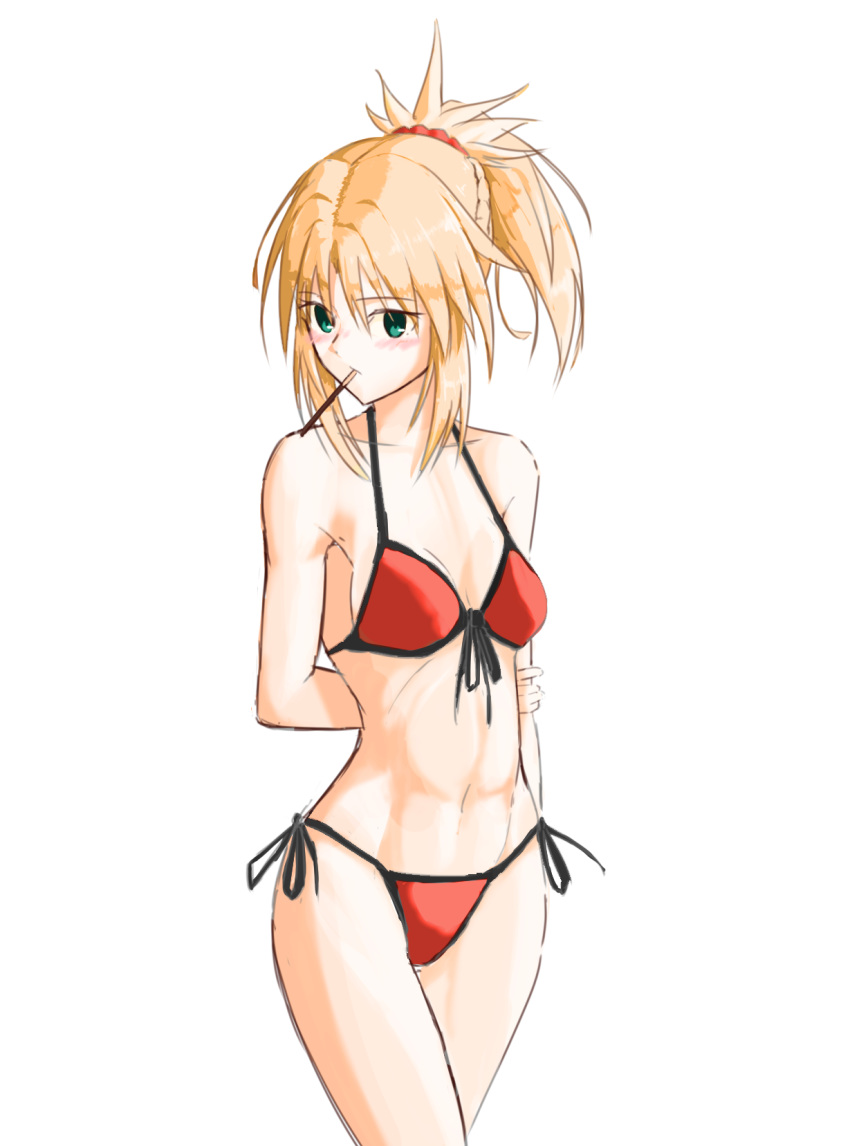 1girl arm_behind_back bangs bare_shoulders bikini blush breasts fate/grand_order fate_(series) food green_eyes hair_ornament hair_scrunchie highres long_hair looking_at_viewer mordred_(fate)_(all) mordred_(swimsuit_rider)_(fate) mouth_hold navel negajo pocky ponytail red_bikini red_scrunchie scrunchie sidelocks simple_background swimsuit thighs white_background