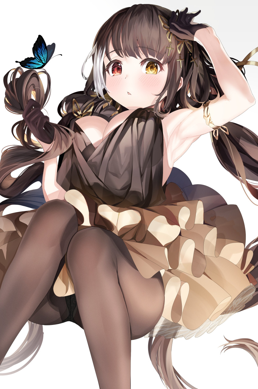 1girl absurdres alternate_costume be_garam black_dress black_gloves black_hair black_legwear blush breasts bug butterfly dress girls_frontline gloves highres insect multicolored_hair open_mouth pantyhose red_eyes ro635_(girls_frontline) solo streaked_hair twintails white_hair yellow_eyes