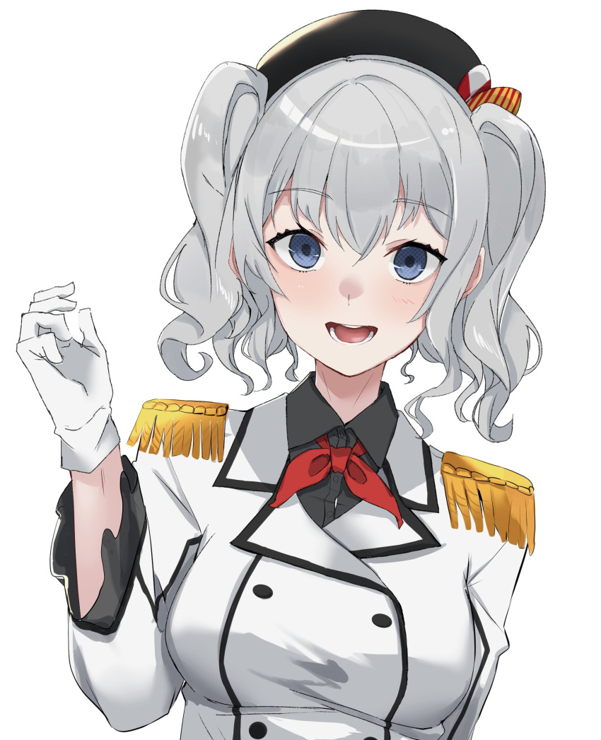 1girl beret black_headwear buttons epaulettes gloves grey_eyes hat highres jacket kantai_collection kashima_(kantai_collection) long_hair long_sleeves looking_at_viewer military_jacket neckerchief open_mouth red_neckwear sidelocks silver_hair simple_background solo sui_(sui27shika) twintails upper_body wavy_hair white_background white_gloves white_jacket