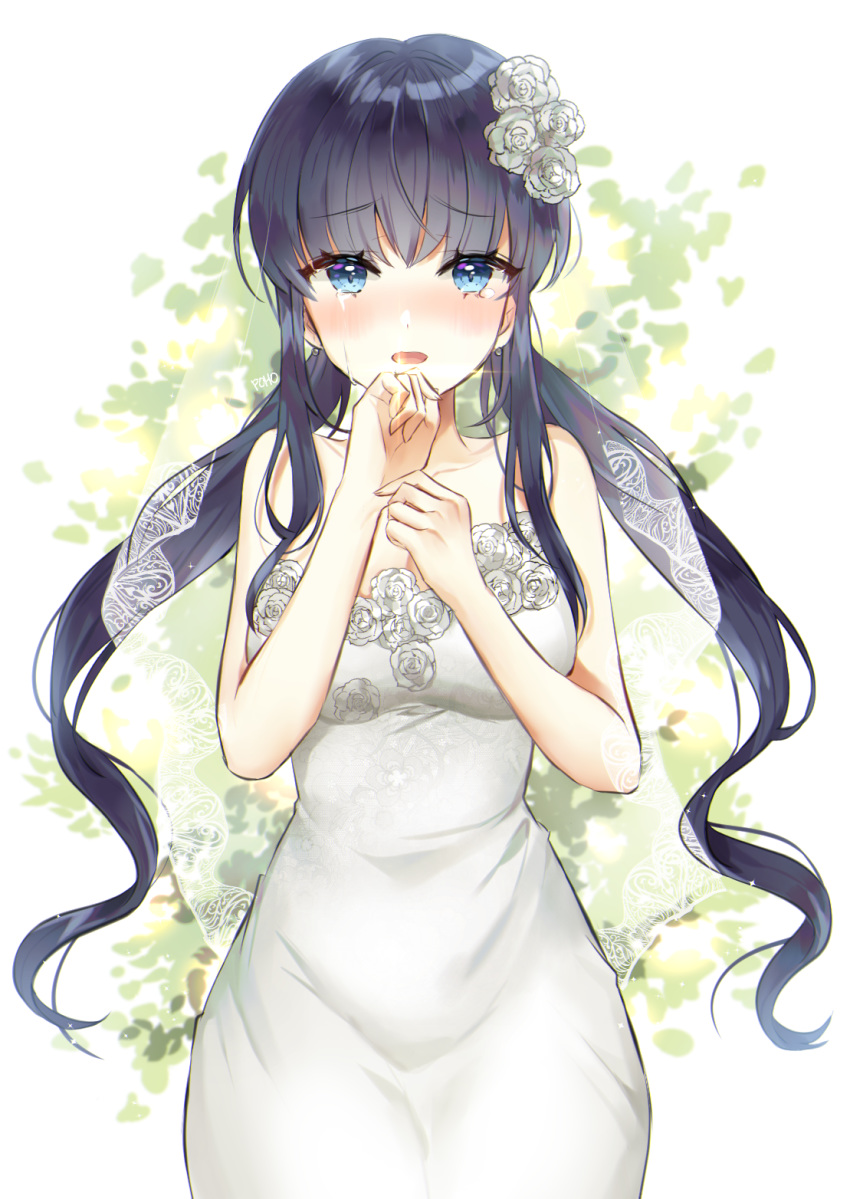 1girl bangs bare_arms bare_shoulders black_hair blue_eyes bridal_veil collarbone commentary cowboy_shot crying crying_with_eyes_open dress earrings eyebrows_visible_through_hair flower glint hair_flower hair_ornament hands_up happy_tears highres jewelry long_hair low_twintails open_mouth poho ring see-through solo strapless strapless_dress symbol_commentary tears twintails veil very_long_hair wedding_band white_dress white_flower