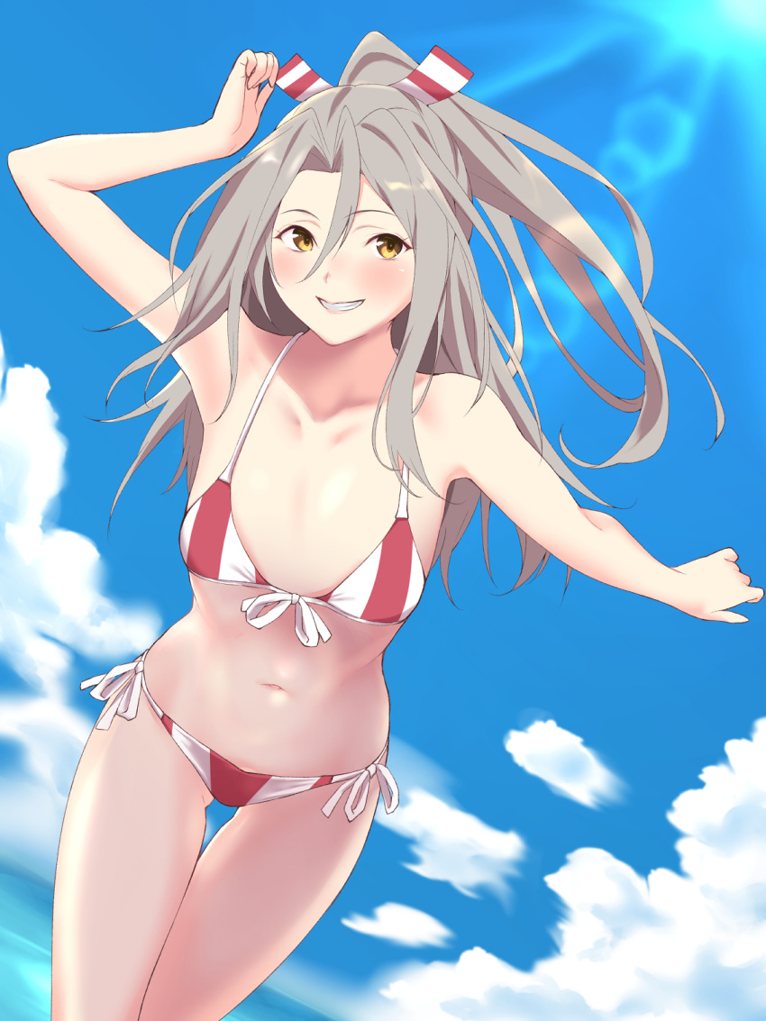 1girl bikini blue_sky clouds collarbone commentary_request cowboy_shot day dutch_angle flat_chest grin hachimaki headband high_ponytail highres kantai_collection long_hair looking_at_viewer ocean outdoors outstretched_arms shingyo side-tie_bikini sky smile solo striped striped_bikini swimsuit zuihou_(kantai_collection)