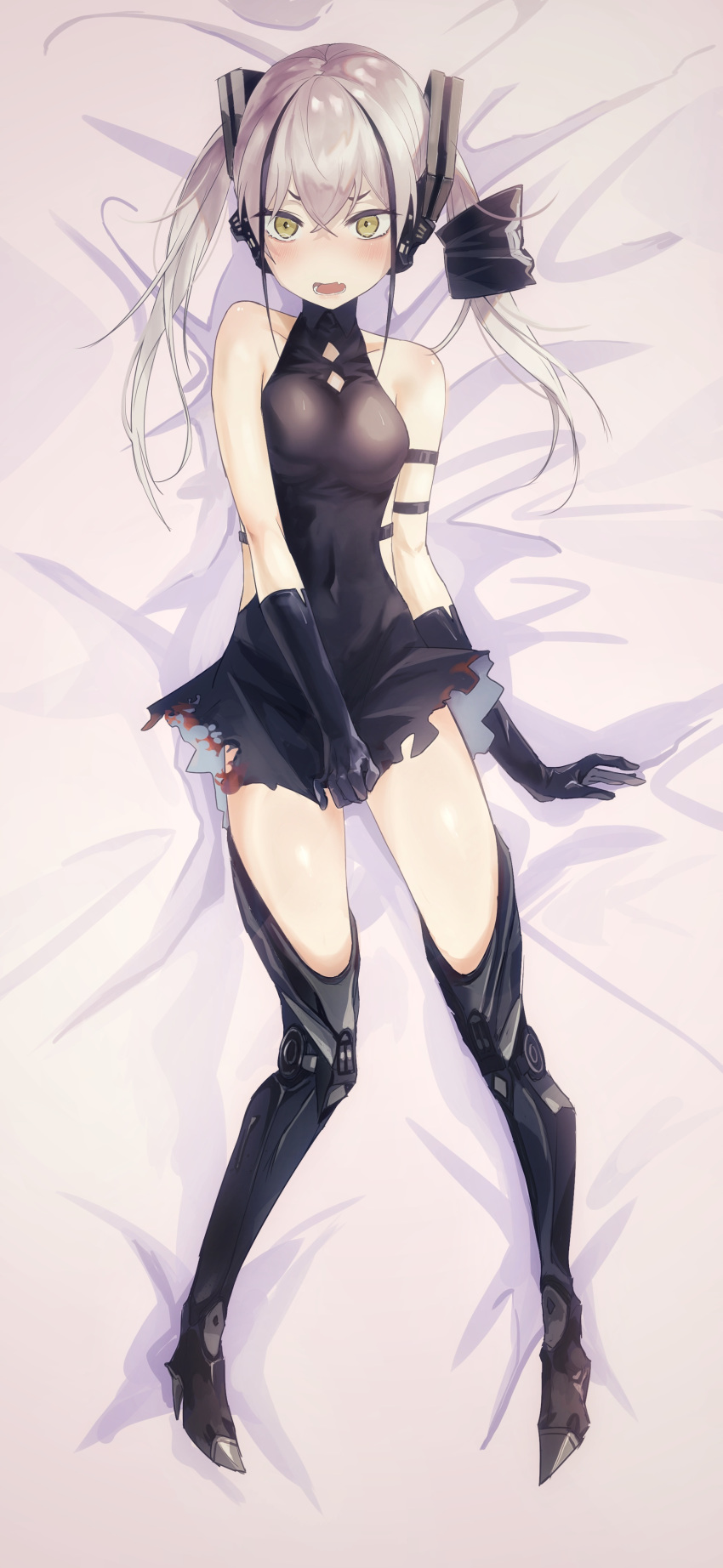 absurdres bangs bare_shoulders black_dress black_gloves blush boots breasts collarbone destroyer_(girls_frontline) dress fang girls_frontline gloves high_heel_boots high_heels highlights highres hip_vent kaki_(616886126) long_hair looking_at_viewer lying mechanical_boots medium_breasts multicolored_hair on_back on_bed open_mouth silver_hair solo tearing_up thigh-highs thigh_boots thighs tight torn_clothes turtleneck twintails very_long_hair yellow_eyes