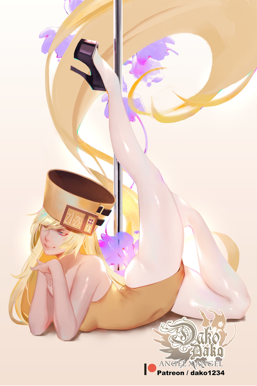 1girl ass bangs black_footwear blonde_hair blue_eyes breasts dako6995 guilty_gear hat high_heels highres leotard long_hair lying millia_rage on_stomach pantyhose pole smile solo very_long_hair white_background