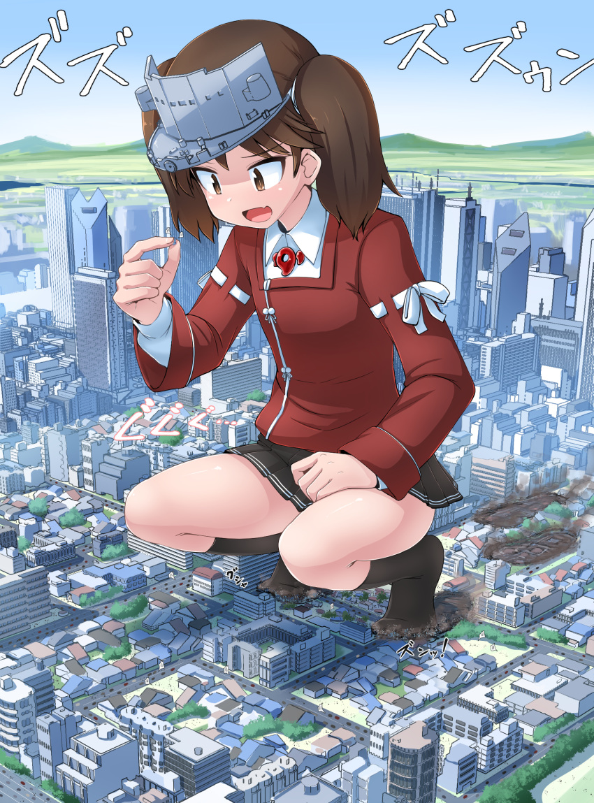 1girl black_legwear brown_eyes brown_hair brown_skirt building bus city giantess ground_vehicle highres japanese_clothes kantai_collection kariginu kneehighs long_hair long_sleeves magatama miniskirt motor_vehicle open_mouth pleated_skirt ryuujou_(kantai_collection) shirt skirt smile solo squatting terada_ochiko twintails visor_cap white_shirt