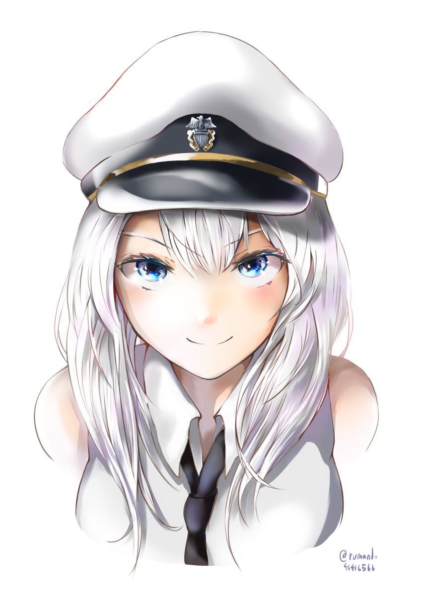 1girl absurdres azur_lane bangs bare_shoulders black_neckwear blue_eyes closed_mouth collared_shirt commentary_request enterprise_(azur_lane) eyebrows_visible_through_hair hat highres kobakobaglass142201192 long_hair looking_at_viewer military_hat peaked_cap shirt silver_hair sleeveless sleeveless_shirt smile upper_body white_headwear