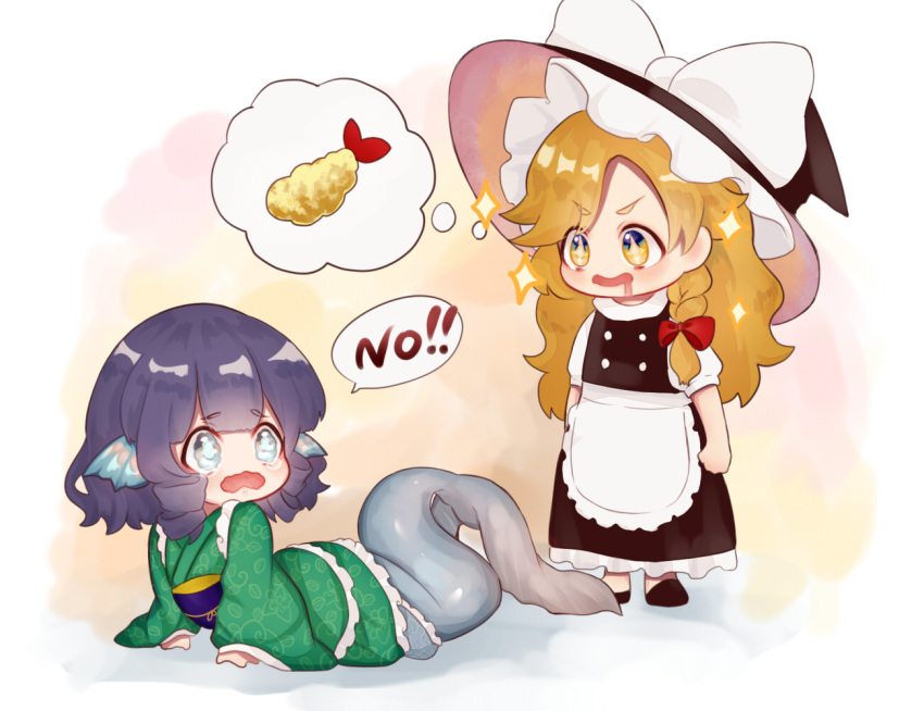 2girls apron black_dress black_footwear blonde_hair blue_hair bow braid buttons chibi dress drill_hair drill_locks drooling eyebrows_visible_through_hair food frilled_dress frilled_kimono frills green_kimono hair_bow hat hat_bow head_fins himari-san_yanaika japanese_clothes kimono kirisame_marisa mermaid monster_girl multiple_girls obi open_mouth puffy_sleeves red_bow sash short_sleeves side_braid single_braid star_(symbol) star_in_eye symbol_in_eye tears tempura touhou waist_apron wakasagihime white_bow wide_sleeves witch_hat yellow_eyes