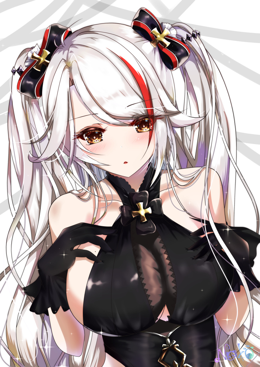 1girl absurdres antenna_hair azur_lane bangs bare_shoulders black_dress black_gloves blush bow breasts brown_eyes collarbone commentary_request dress gloves hands_on_own_chest highres iron_cross large_breasts long_hair looking_at_viewer mole mole_on_breast multicolored_bow multicolored_hair nako_nya open_mouth prinz_eugen_(azur_lane) prinz_eugen_(cordial_cornflower)_(azur_lane) redhead simple_background streaked_hair swept_bangs two_side_up white_background white_hair