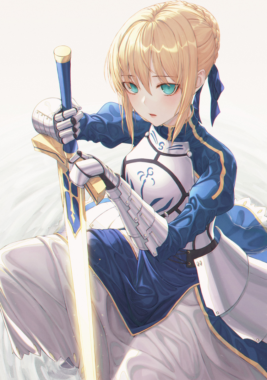 1girl absurdres aqua_eyes armor armored_dress artoria_pendragon_(all) bangs blonde_hair blue_dress blue_ribbon braid breastplate dress eichi_(skskdi12z) eyebrows_visible_through_hair fate/stay_night fate_(series) faulds gauntlets glowing glowing_sword glowing_weapon hair_bun hair_ribbon highres holding holding_sword holding_weapon juliet_sleeves long_sleeves looking_at_viewer puffy_sleeves ribbon ripples saber short_hair sidelocks solo sword water weapon wet wet_clothes wet_dress