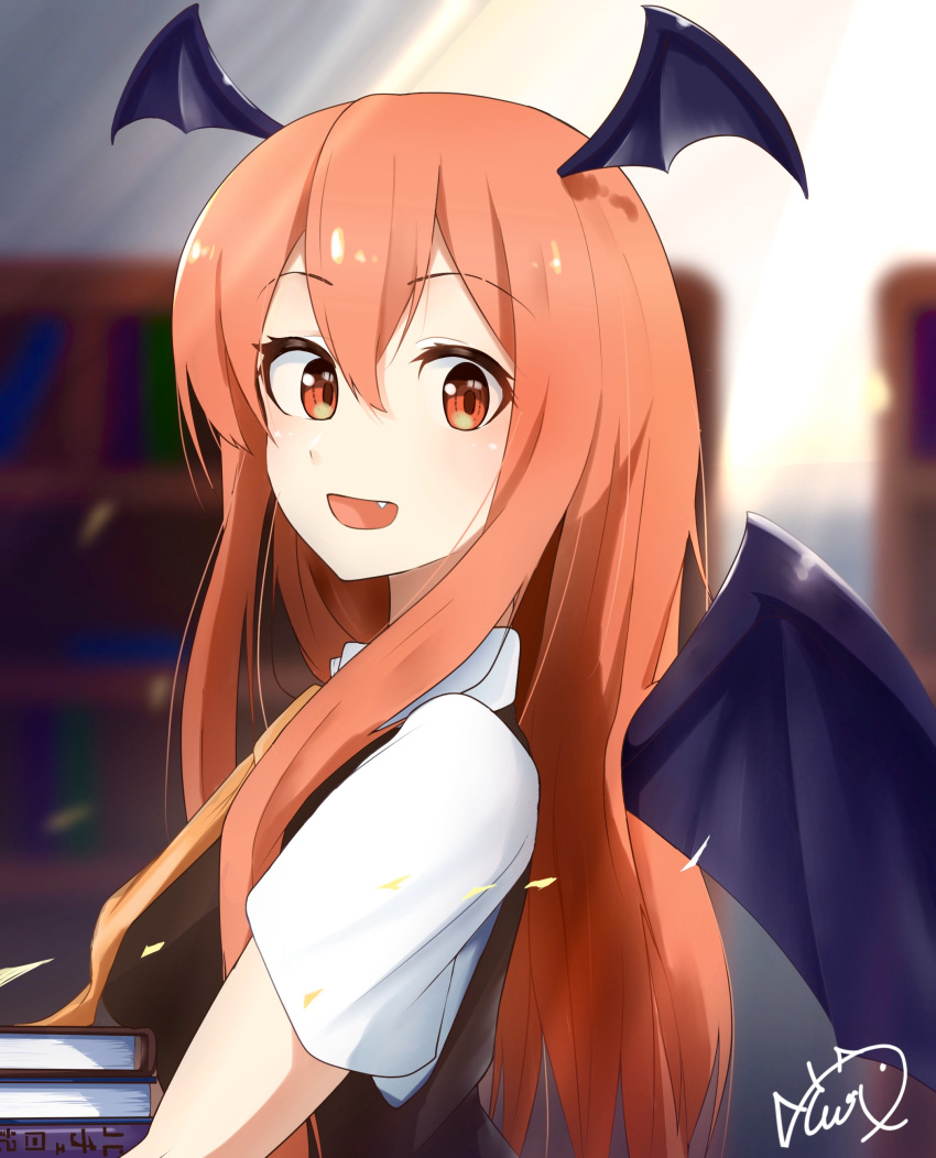 absurdres bangs bat_wings black_dress book bookshelf collared_shirt demon_girl demon_wings dress eyes_visible_through_hair fang head_wings highres holding holding_book koakuma library long_hair looking_at_viewer looking_to_the_side red_eyes redhead shirt short_sleeves succubus sunlight tobiuo_(fchain82) touhou vest white_shirt wings
