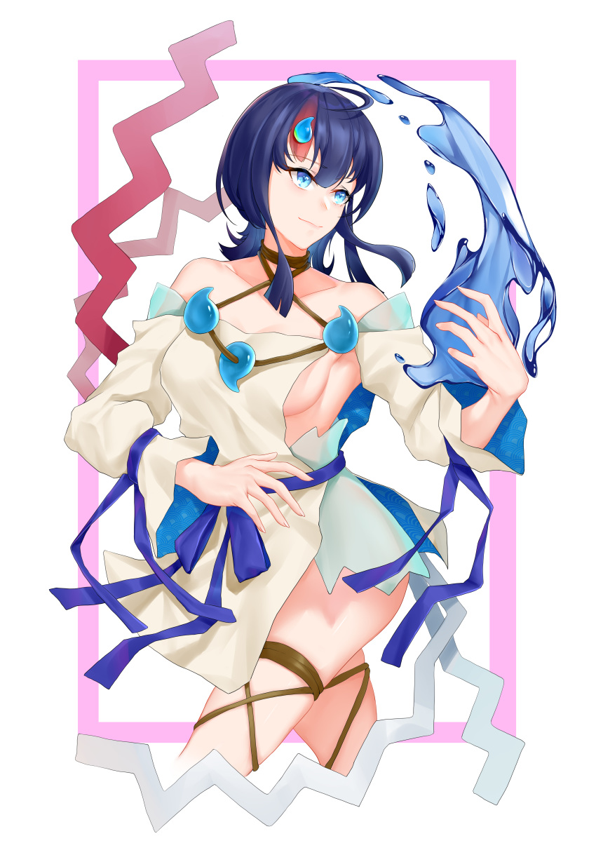 1girl absurdres bangs bare_shoulders black_hair blue_eyes blue_ribbon blush breasts closed_mouth collarbone darling0221 dress fate/grand_order fate/requiem fate_(series) highres jewelry large_breasts long_sleeves looking_to_the_side magatama magatama_hair_ornament medium_hair multicolored_hair necklace pelvic_curtain pink_hair puffy_long_sleeves puffy_sleeves ribbon short_dress sideboob sideless_outfit smile streaked_hair thighs utsumi_erise water white_background white_dress