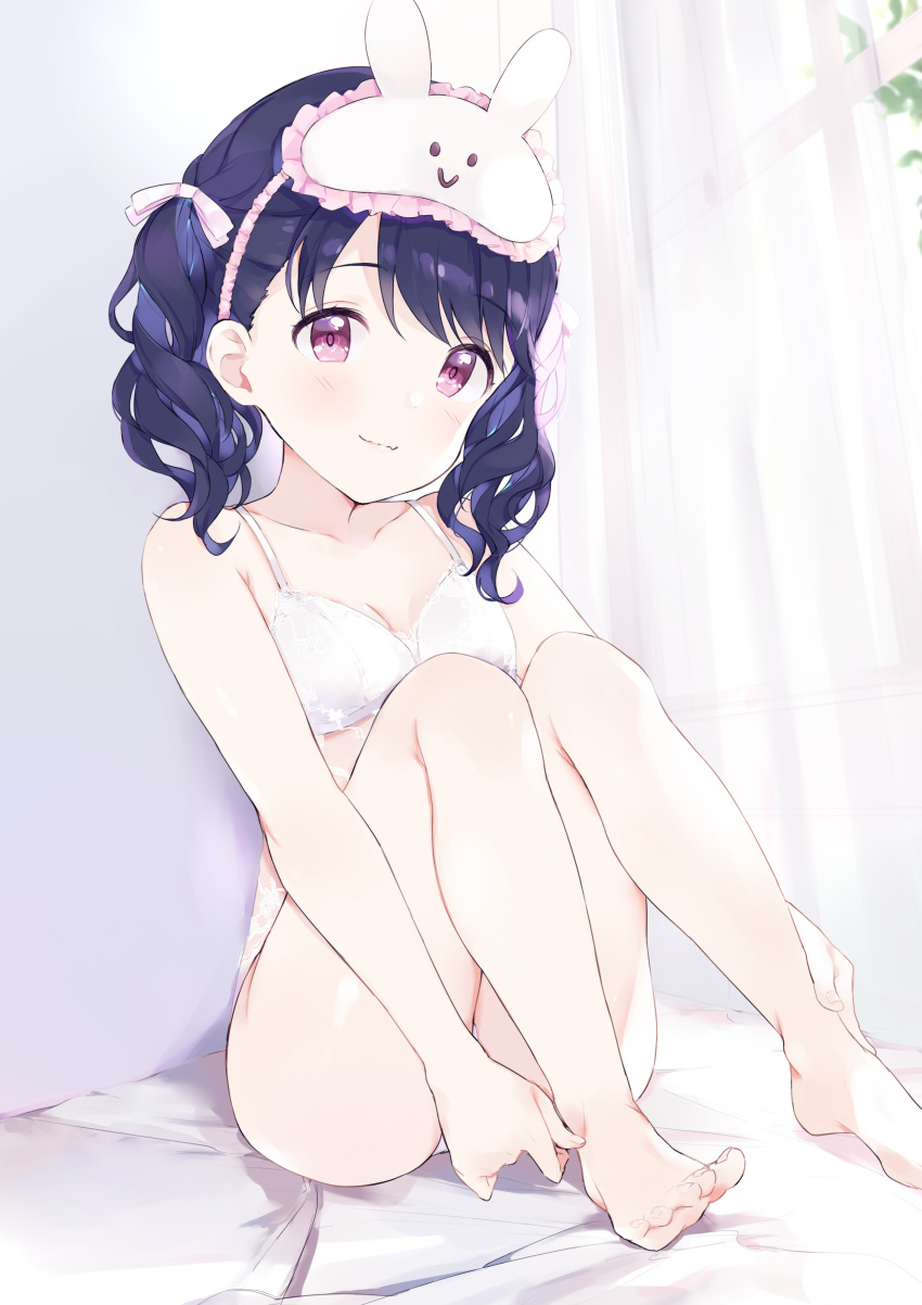 1girl absurdres bare_legs bare_shoulders barefoot bed_sheet black_hair bra breasts collarbone commentary_request curtains fukumaru_koito hair_ribbon highres idolmaster idolmaster_shiny_colors knees_up looking_at_viewer mask mask_on_head medium_hair monon_tulle on_bed ribbon sitting sitting_on_bed sleep_mask small_breasts solo twintails underwear underwear_only violet_eyes white_bra