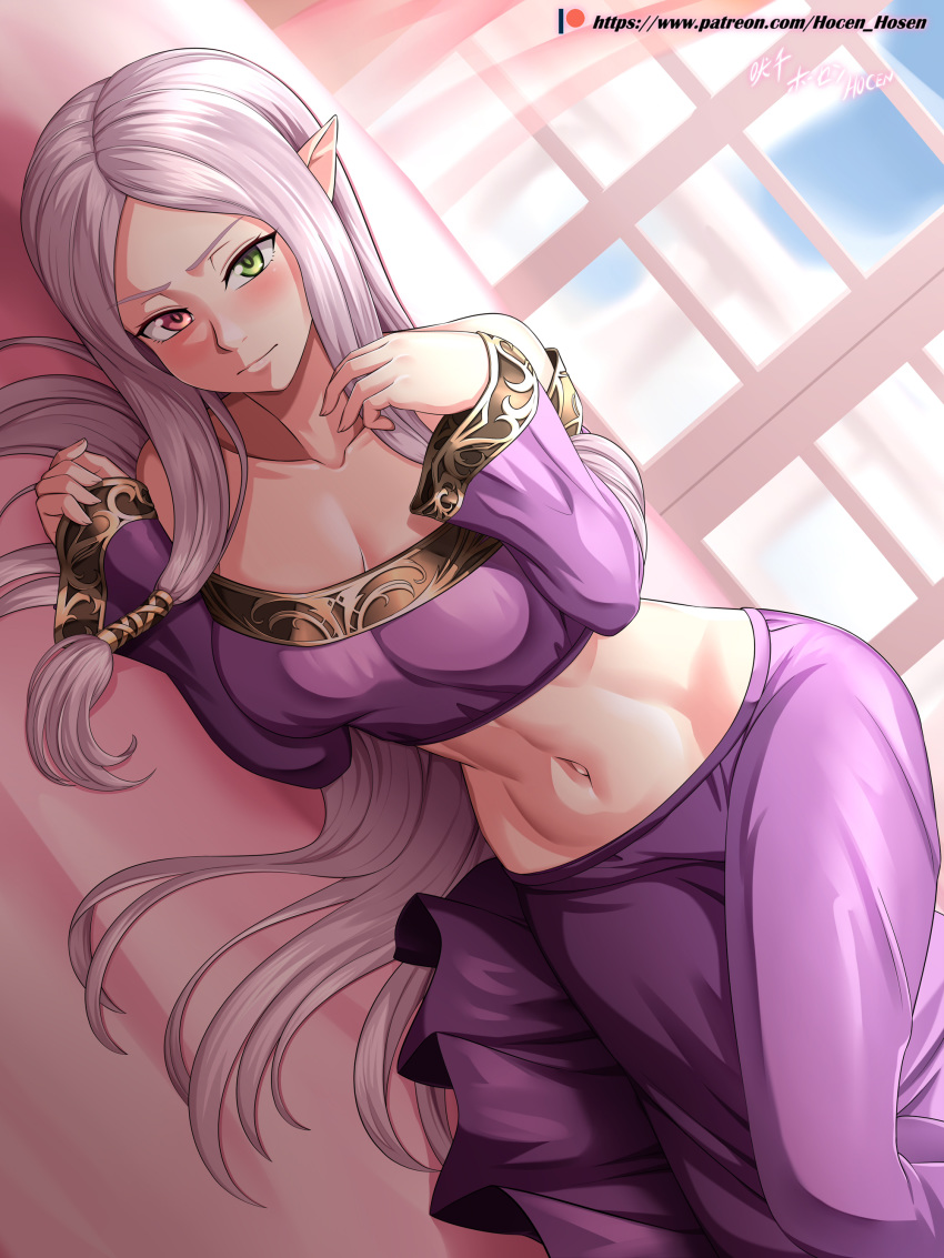 1girl absurdres closed_mouth fire_emblem fire_emblem:_the_binding_blade green_eyes heterochromia highres idunn_(fire_emblem) long_hair long_sleeves lying midriff navel on_side pointy_ears purple_hair red_eyes solo vilde_loh_hocen watermark web_address window