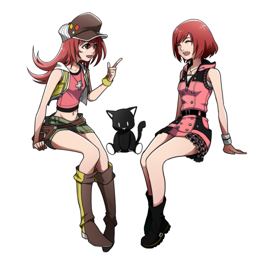 2girls black_footwear boots brown_hair buttons closed_eyes company_connection cross cross_necklace fanny_pack green_shorts highres invisible_chair jewelry kairi_(kingdom_hearts) kingdom_hearts knee_boots kovalt laughing long_hair looking_at_another midriff misaki_shiki mr._mew multiple_girls navel necklace pink_skirt short_shorts shorts simple_background sitting skirt sleeveless smile stuffed_animal stuffed_cat stuffed_toy subarashiki_kono_sekai white_background white_wristband wristband yellow_wristband zipper