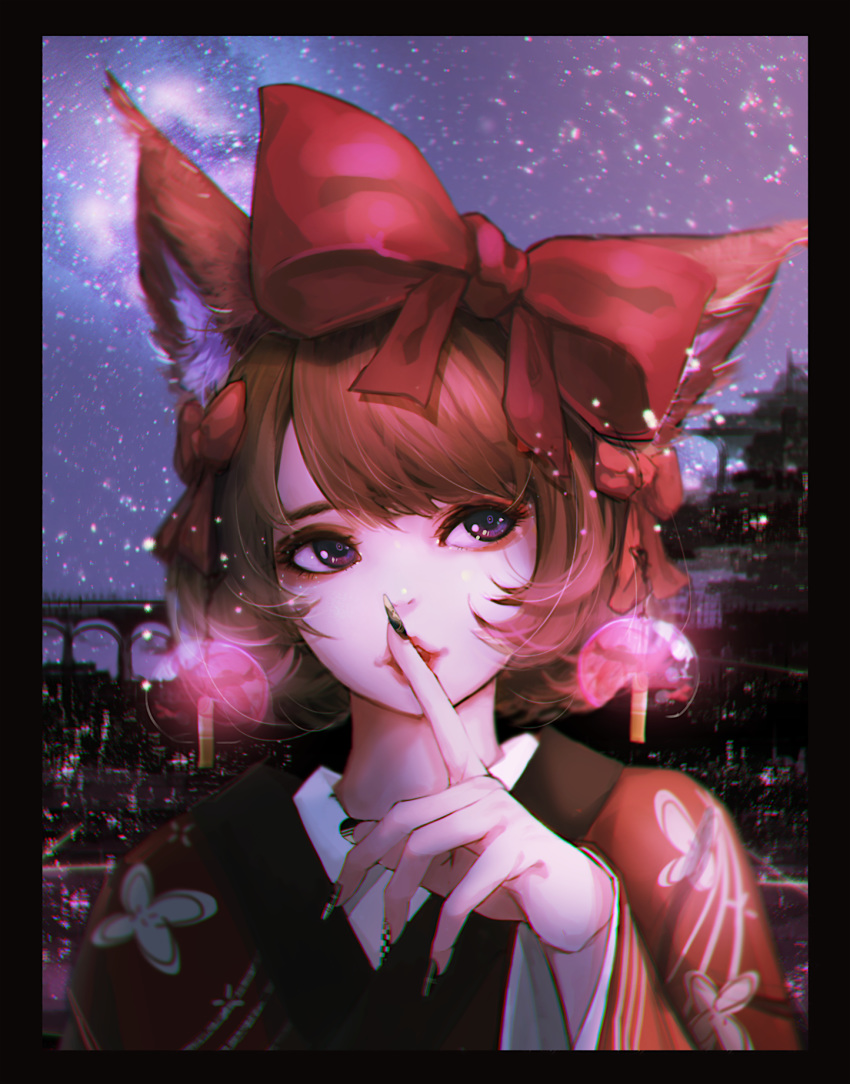 1girl animal_ear_fluff animal_ears bow brown_hair close-up earrings finger_to_mouth fingernails hair_bow highres japanese_clothes jewelry kimono large_bow long_fingernails looking_up original rakugaki_suruhito red_bow shushing solo violet_eyes yukata