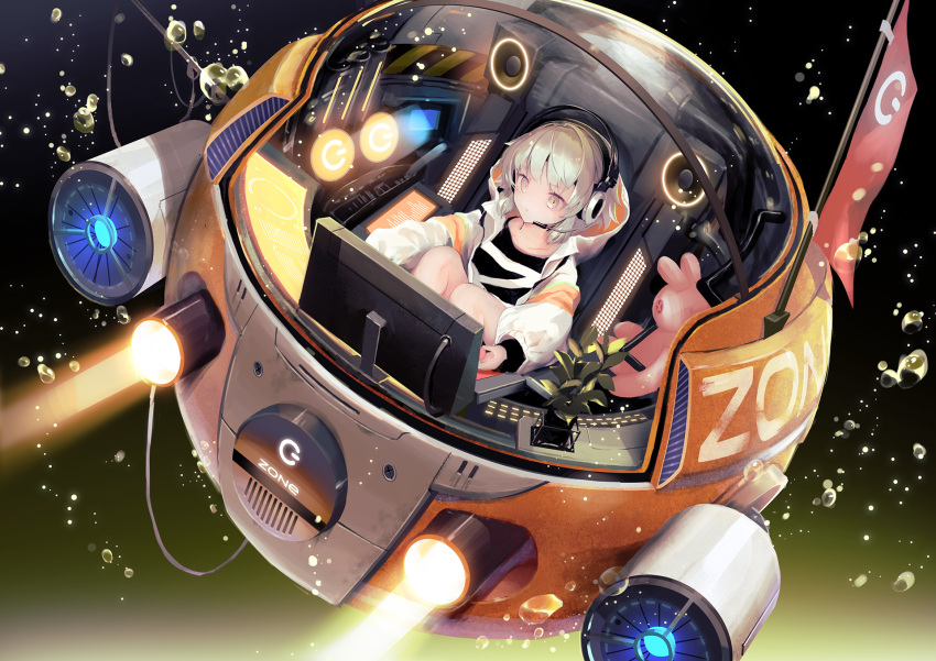 1girl air_bubble black_shirt brown_eyes bubble closed_mouth commentary_request dive_to_zone flag glowing grey_hair headphones headset highres hood hood_down hooded_jacket jacket knees_up kouka_(mrakano5456) long_sleeves looking_away monitor open_clothes open_jacket power_symbol puffy_long_sleeves puffy_sleeves shirt sitting solo stuffed_animal stuffed_bunny stuffed_toy submarine underwater water watercraft white_jacket
