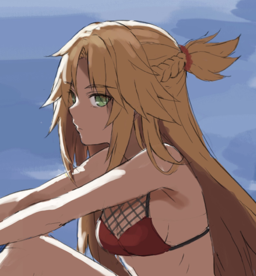 1girl bangs bare_shoulders bikini braid breasts fate/apocrypha fate_(series) french_braid green_eyes hair_ornament hair_scrunchie highres long_hair looking_at_viewer mordred_(fate) mordred_(fate)_(all) parted_bangs ponytail red_bikini red_scrunchie scrunchie small_breasts swimsuit tonee