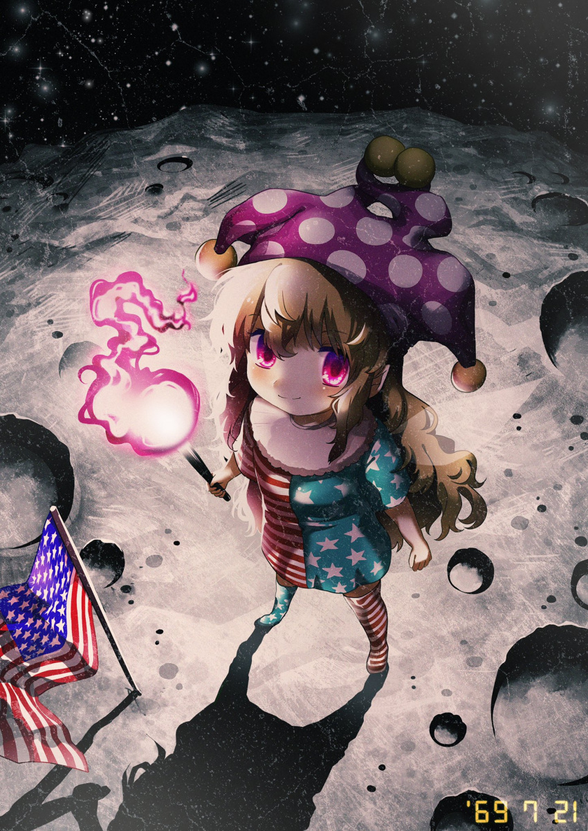 1girl alternate_hair_color american_flag american_flag_dress american_flag_legwear bangs black_sky blush breasts brown_hair closed_mouth clownpiece dress eyebrows_visible_through_hair fire hair_between_eyes hat highres holding holding_torch jester_cap kneehighs light light_brown_hair long_hair looking_at_viewer looking_up maa_(forsythia1729) moon moonlight neck_ruff night night_sky no_shoes pink_eyes pointy_ears polka_dot pom_pom_(clothes) purple_fire purple_headwear shadow short_sleeves sky small_breasts smile solo space standing star_(sky) star_(symbol) star_print starry_sky striped striped_dress striped_legwear torch touhou