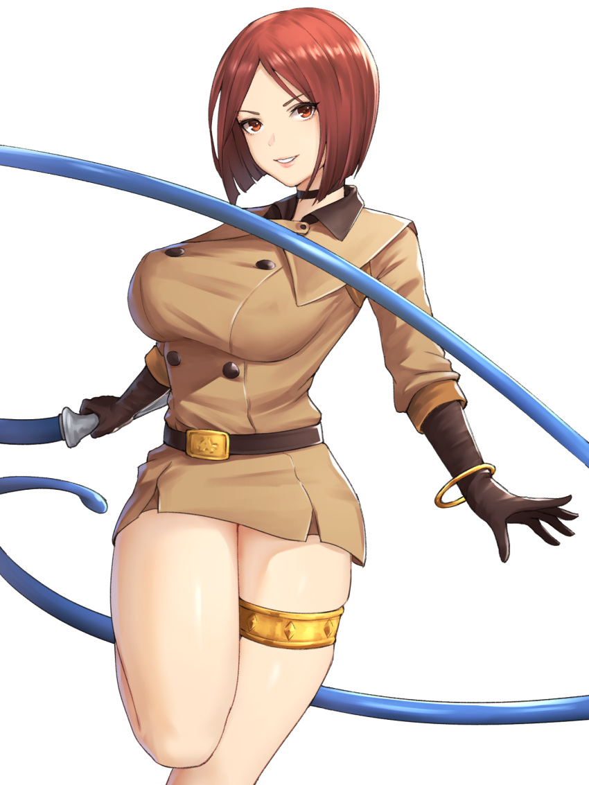 belt belt_buckle bob_cut breasts buckle highres large_breasts military military_uniform nyatokanyaru red_eyes redhead the_king_of_fighters thigh_strap thighs uniform whip whip_(kof) white_background