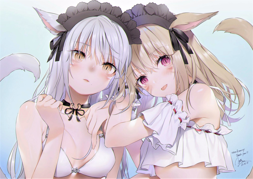 2girls animal_ears bikini bikini_top blonde_hair bow brown_eyes cat_ears cat_tail choker dated eyebrows_visible_through_hair facial_mark final_fantasy final_fantasy_xiv highres long_hair maid_headdress miqo'te multiple_girls pink_hair signature silver_hair slit_pupils swimsuit tail whisker_markings yana_mori