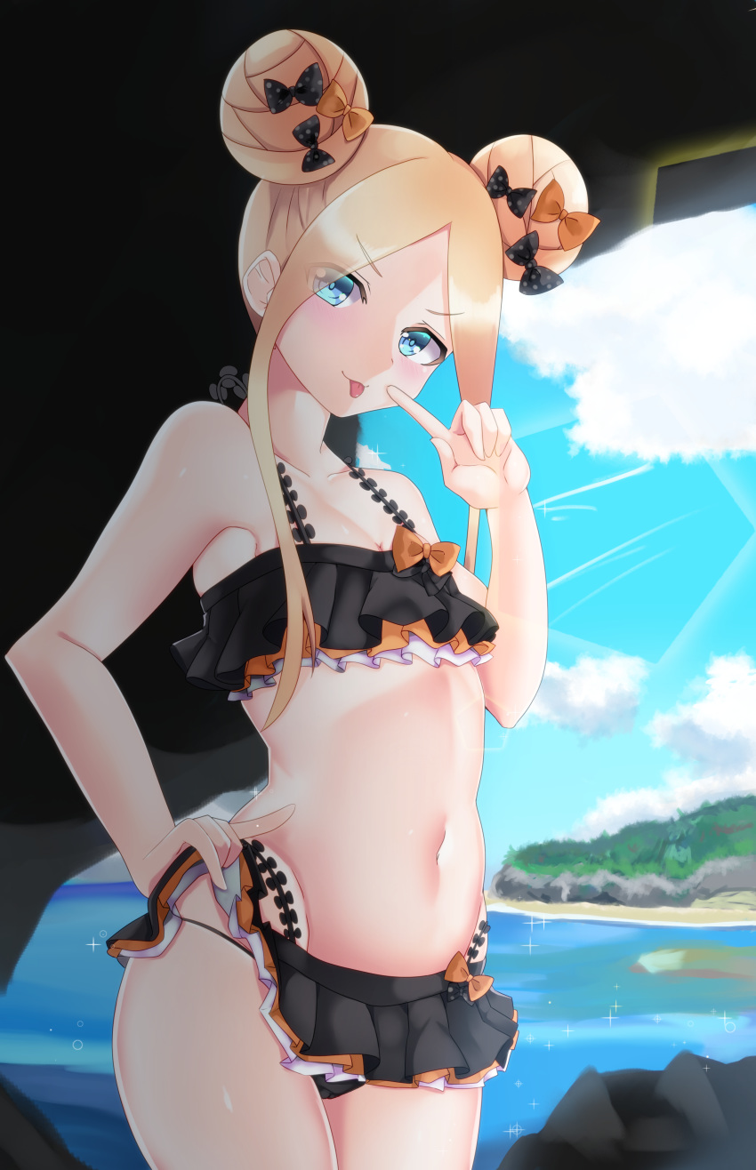 1girl abigail_williams_(fate/grand_order) absurdres bangs bare_shoulders bikini black_bikini black_bow black_skirt blonde_hair blue_eyes blue_sky blush bow breasts closed_mouth collarbone double_bun emerald_float fate/grand_order fate_(series) forehead frilled_bikini frills hair_bow highres lens_flare long_hair looking_at_viewer microskirt multiple_bows navel orange_bow parted_bangs polka_dot polka_dot_bow scrunchie shinonome_harutoro skirt skirt_lift sky small_breasts smile swimsuit thighs tongue tongue_out wrist_scrunchie