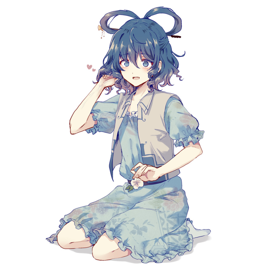 belt blue_dress blue_eyes blue_hair blush dress drill_hair drill_locks eyebrows_visible_through_hair floral_print flower frilled_skirt frilled_sleeves frills hair_ornament hair_rings hair_stick heart highres kaku_seiga leaf open_mouth puffy_short_sleeves puffy_sleeves short_hair short_sleeves simple_background sitting skirt touhou uranaishi_(miraura) vest wariza white_background white_footwear white_vest