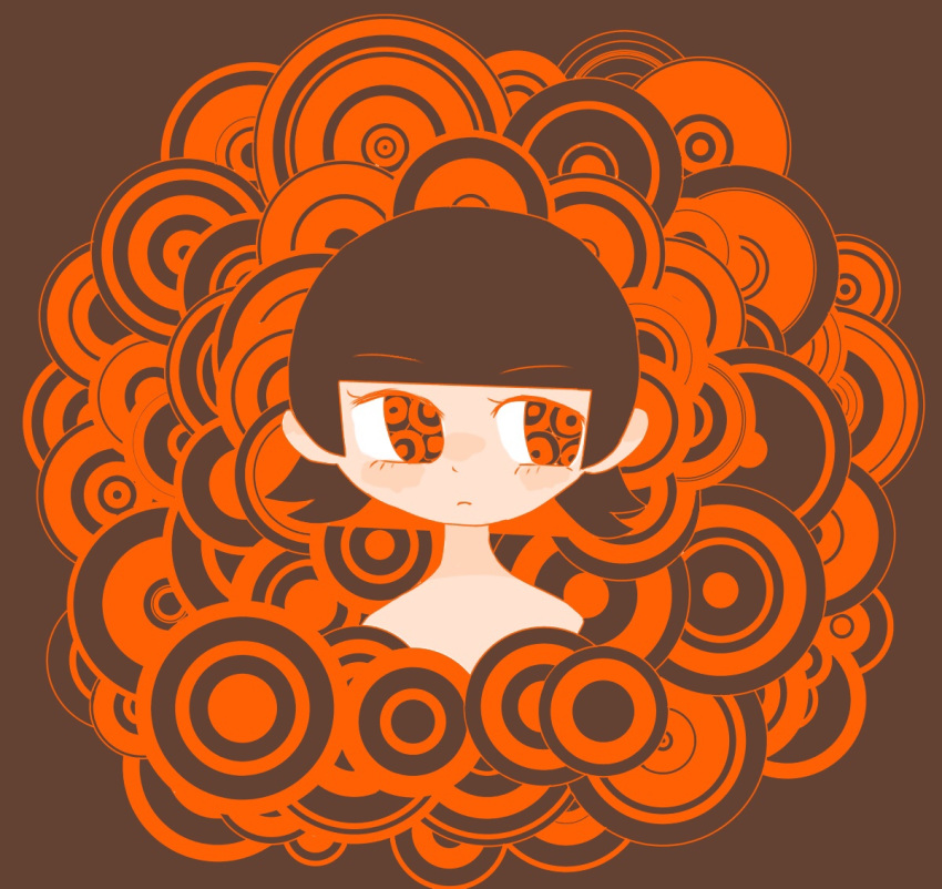 1girl abstract bangs blunt_bangs brown_background brown_hair circle hikatyan_0302 limited_palette orange_theme original portrait short_hair solo upper_body