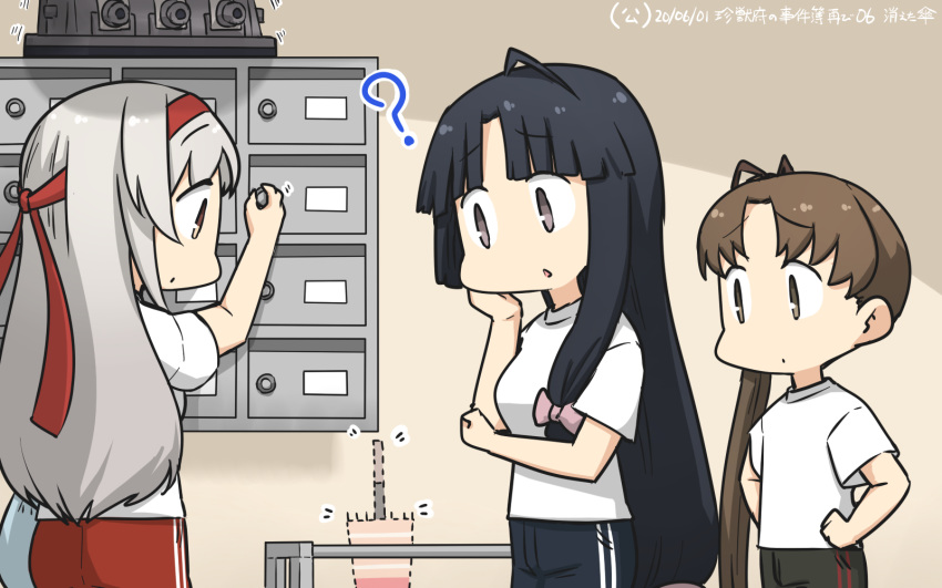 3girls ? ahoge alternate_costume ayanami_(kantai_collection) black_hair black_pants brown_eyes brown_hair cowboy_shot dated dotted_line grey_eyes hamu_koutarou headband highres kantai_collection locker long_hair low-tied_long_hair multiple_girls pants red_headband red_pants shirt shouhou_(kantai_collection) shoukaku_(kantai_collection) side_ponytail t-shirt track_pants white_hair white_shirt