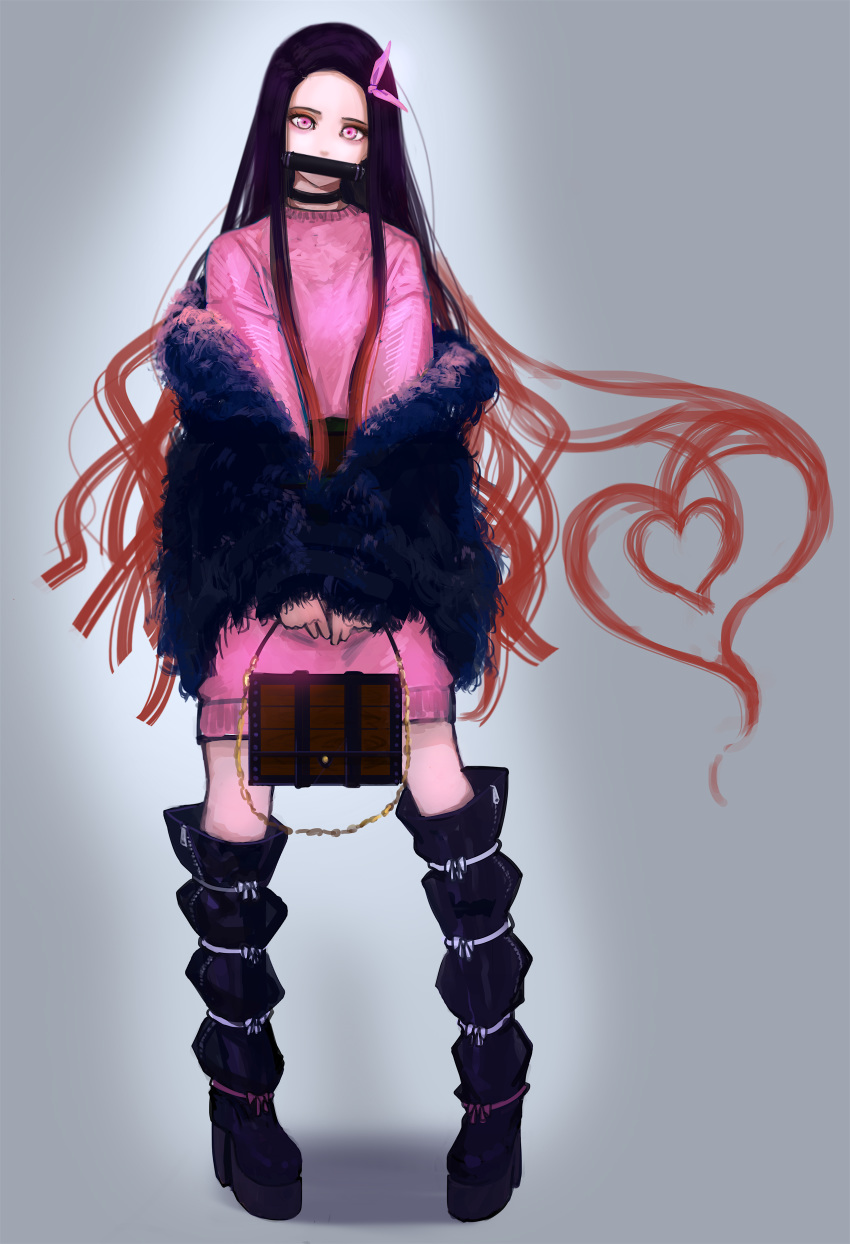 1girl absurdres bag black_coat bow coat dress fur_coat gradient_hair hair_bow handbag heart_hair highres kamado_nezuko kimetsu_no_yaiba long_hair looking_at_viewer multicolored_hair older pink_bow pink_eyes pink_sweater platform_boots rakugaki_suruhito solo standing sweater sweater_dress