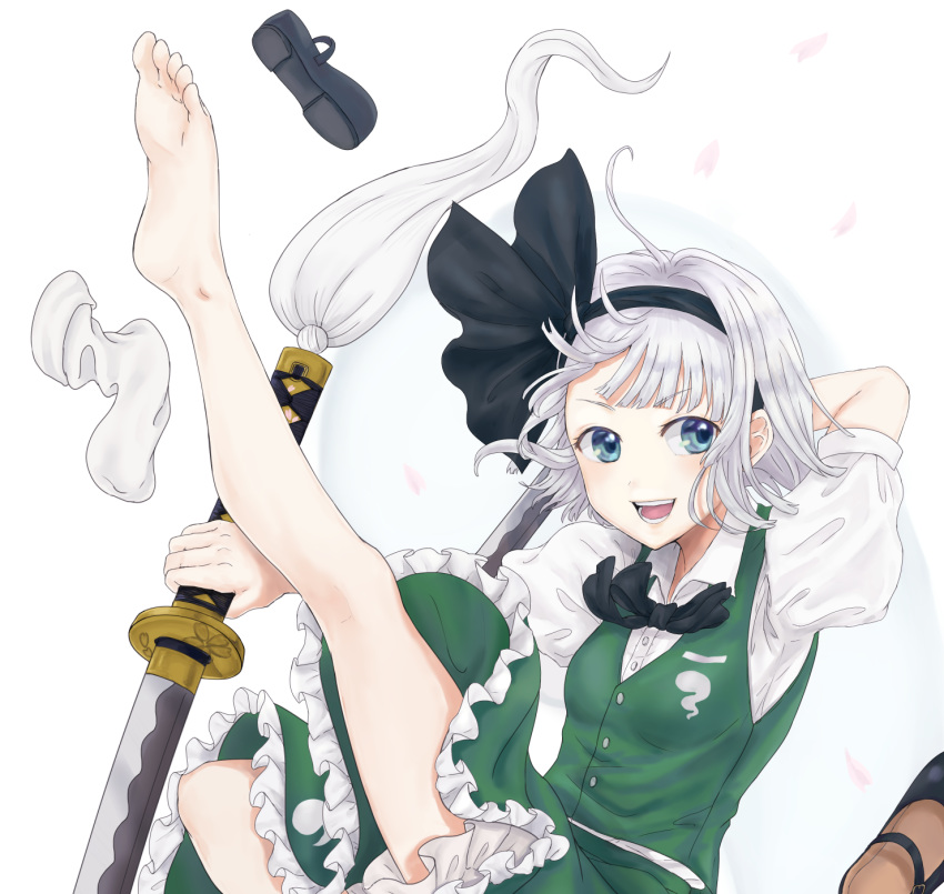 ahoge ascot bangs barefoot black_ascot black_bow black_footwear black_hairband black_ribbon blue_eyes bow bowtie cherry_blossoms collared_shirt eyebrows_visible_through_hair frilled_skirt frills green_skirt green_vest hair_ribbon hairband highres holding holding_weapon katana konpaku_youmu looking_at_viewer mary_janes open_mouth petals puffy_short_sleeves puffy_sleeves ribbon shirt shizuki_uru shoes short_hair short_sleeves silver_hair skirt skirt_set soles sword touhou vest weapon white_legwear white_shirt