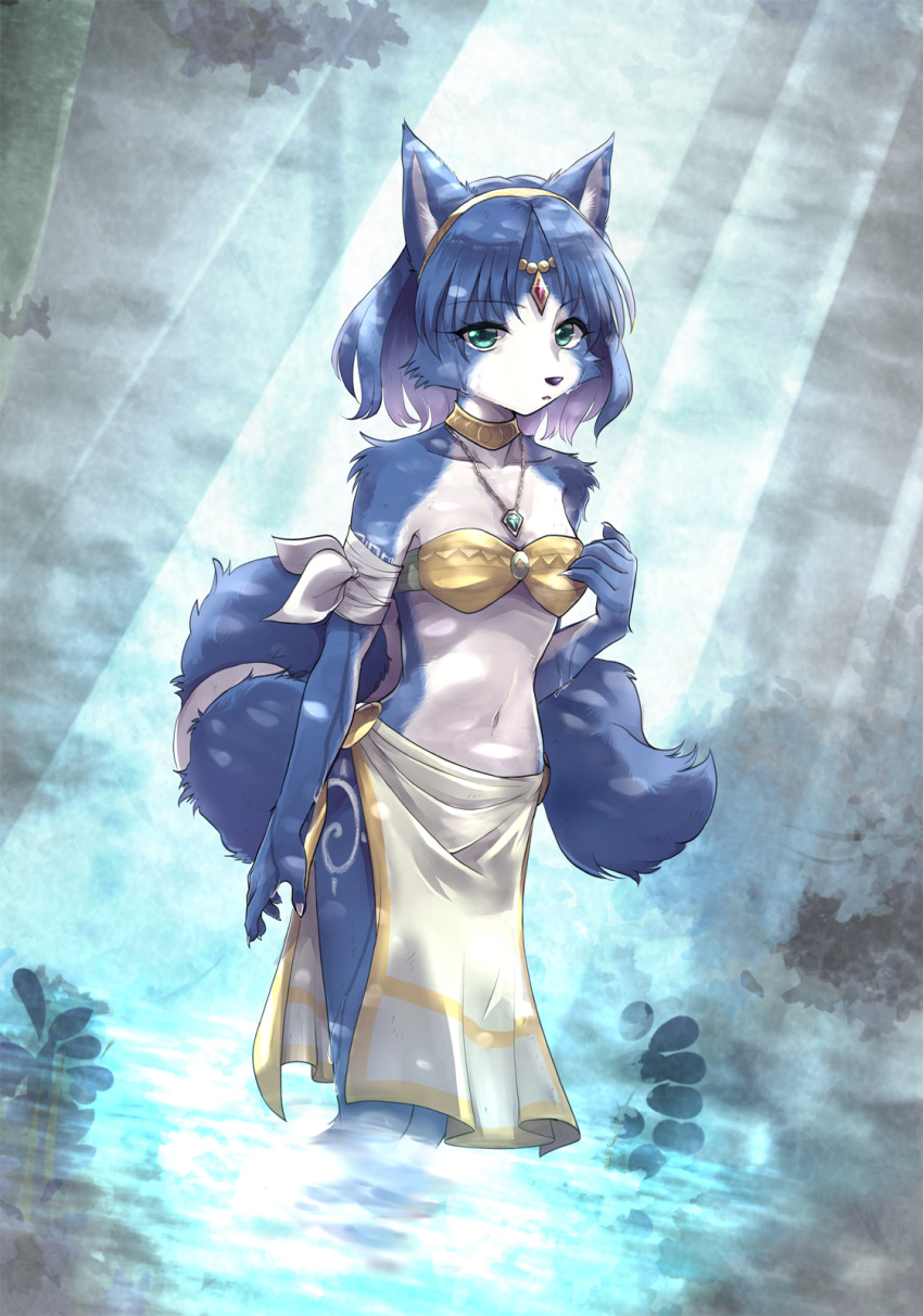 1girl animal_ear_fluff animal_ears animal_nose bandeau blue_eyes blue_fur blue_hair breasts choker claws collarbone commentary_request eyebrows_visible_through_hair feet_out_of_frame fox fox_ears fox_girl fox_tail furry hairband highres jewelry krystal looking_at_viewer medium_breasts medium_hair namagaki_yukina navel necklace snout solo standing star_fox star_fox_adventures strapless tail two-tone_fur wet white_fur