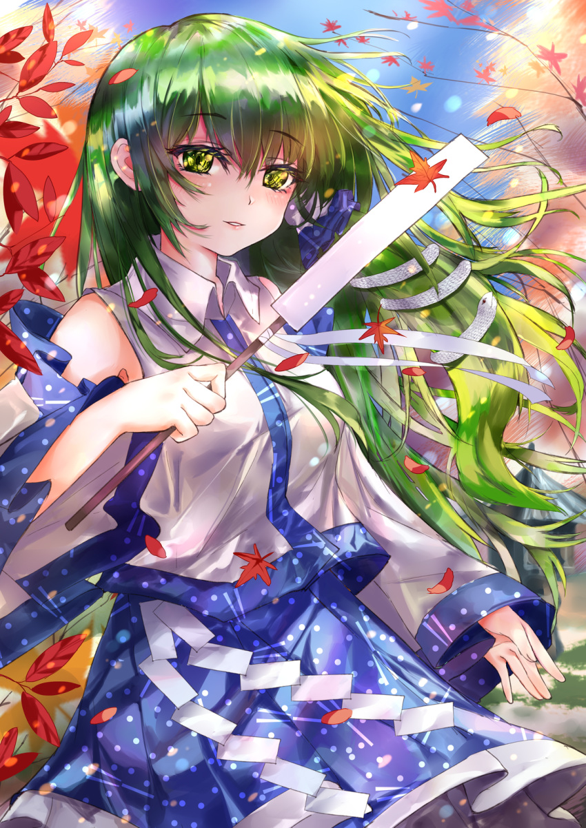 1girl autumn_leaves blue_skirt collared_shirt cowboy_shot denpajin-ryuushi detached_sleeves eyebrows_visible_through_hair floating floating_hair floating_object gohei green_eyes green_hair hair_ornament hair_tubes highres kochiya_sanae long_hair shirt skirt sky sleeveless sleeveless_shirt snake snake_hair_ornament touhou white_shirt