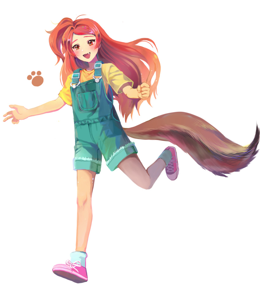 1girl blush brown_hair clenched_hand fang full_body highres idolmaster idolmaster_million_live! korean_commentary long_hair moomari oogami_tamaki overalls paw_print pink_footwear red_eyes running shirt shoes short_sleeves sneakers solo starpiece_memories tail yellow_shirt