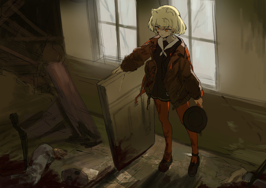 1girl absurdres after_battle animal_ears arknights blonde_hair blood blood_on_face bloody_clothes corpse dress frying_pan gummy_(arknights) highres jacket mask molyb orange_eyes pantyhose red_legwear sailor_dress shield sketch