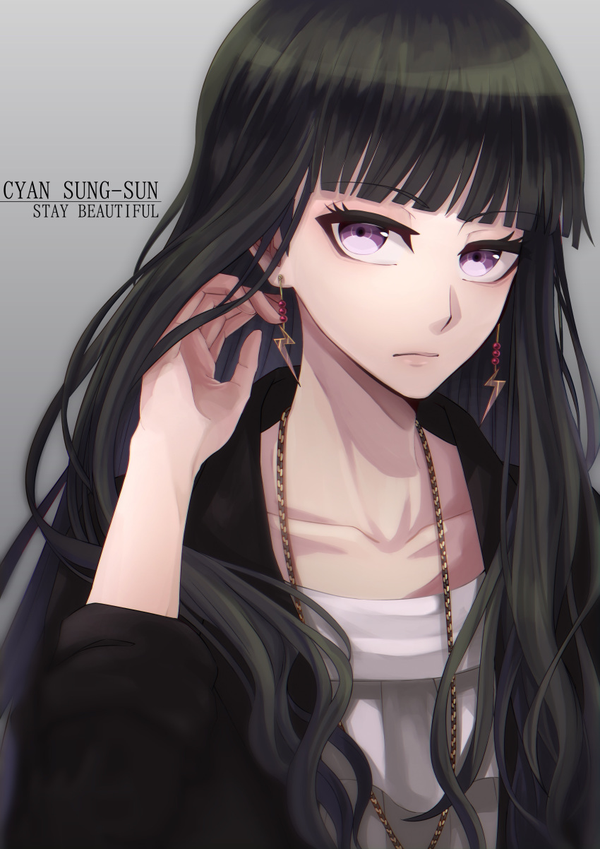 1girl absurdres adjusting_hair bangs black_hair black_jacket bleach blunt_bangs character_name collarbone commentary_request cyan_sung-sun eyebrows_visible_through_hair grey_background highres jacket jewelry lightning_bolt_earrings long_hair necklace shirt solo sumire_1046 upper_body violet_eyes white_shirt