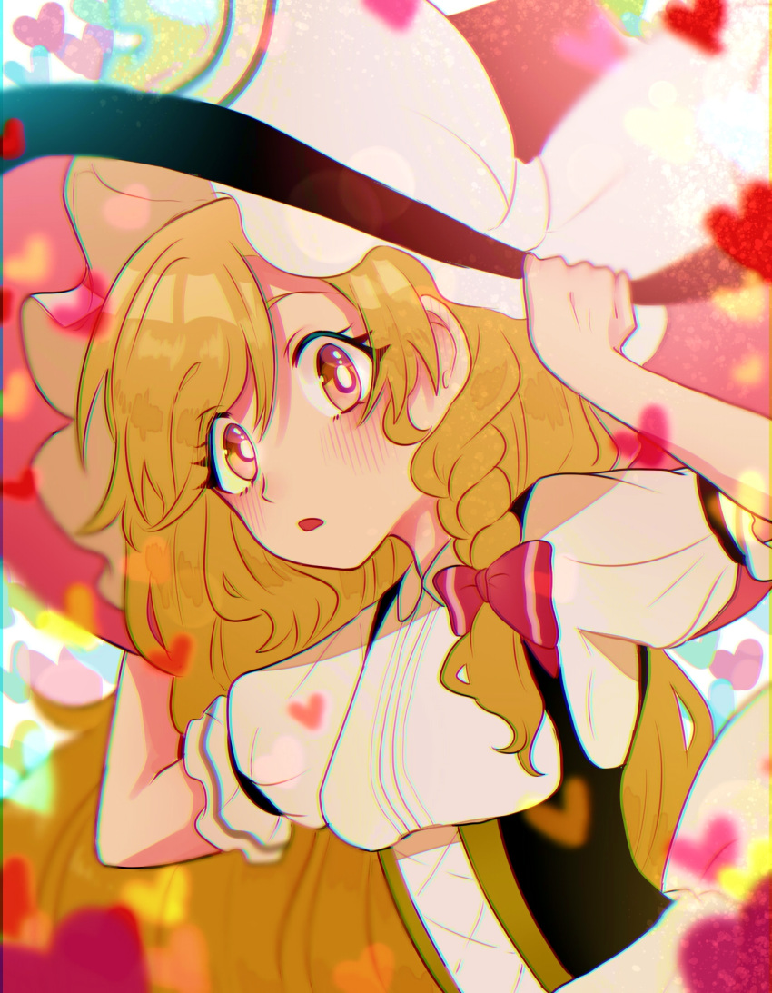 1girl bangs blonde_hair blush bow braid eyebrows_visible_through_hair hair_bow hat hat_bow heart highres himari-san_yanaika holding holding_hat kirisame_marisa open_mouth puffy_short_sleeves puffy_sleeves red_bow red_eyes ribbon shirt short_sleeves side_braid touhou white_bow white_ribbon white_shirt witch_hat