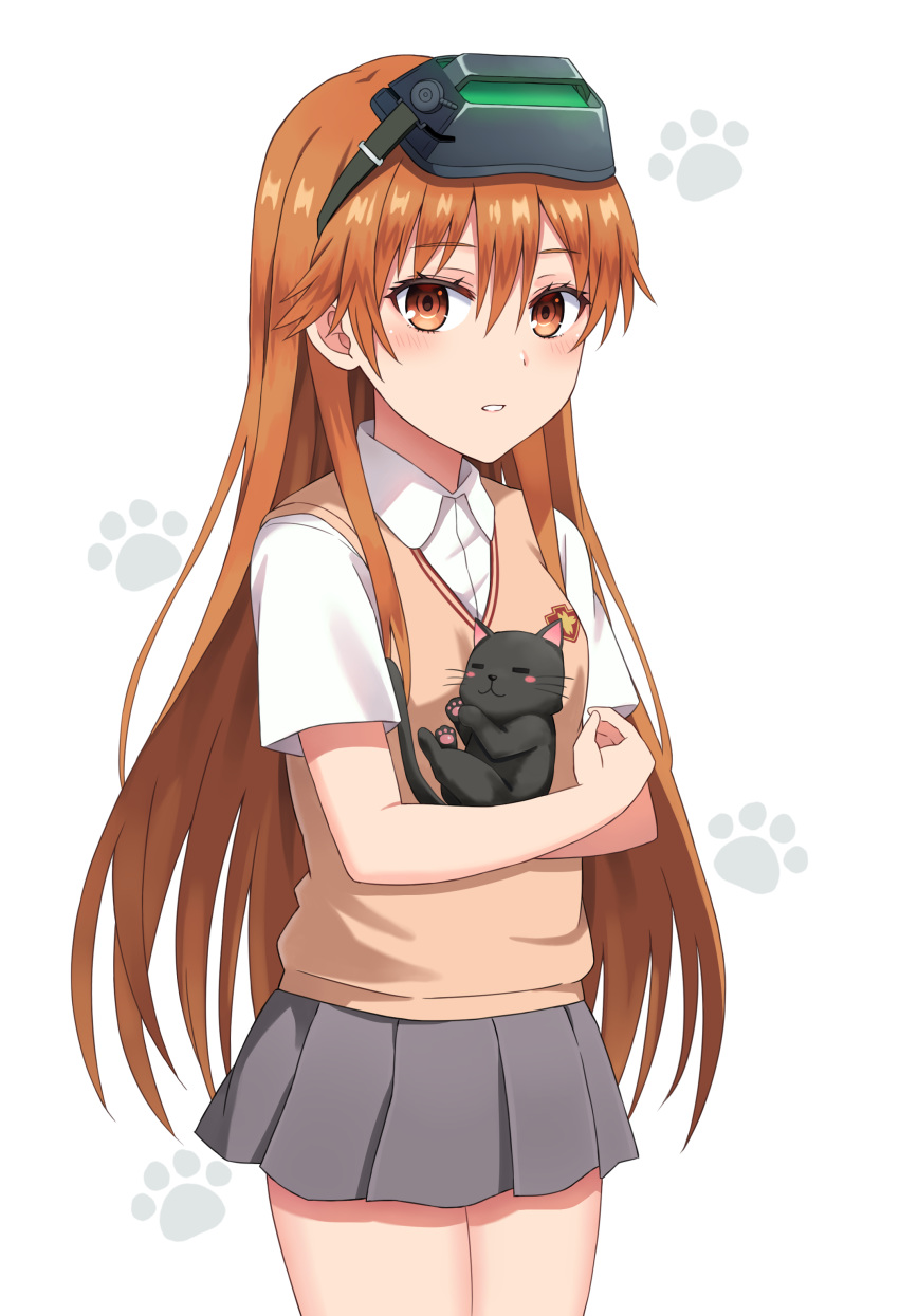 1girl 1other absurdres alternate_hair_length alternate_hairstyle brown_eyes brown_hair cat commentary_request empty_eyes grey_skirt head_mounted_display highres long_hair looking_at_viewer misaka_imouto parted_lips paw_print pleated_skirt remoa school_uniform skirt sweater_vest to_aru_kagaku_no_railgun to_aru_majutsu_no_index tokiwadai_school_uniform white_background