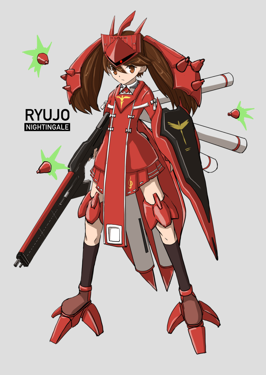 1girl bangs black_legwear boushi-ya brown_eyes brown_hair char's_counterattack char's_counterattack_-_beltorchika's_children character_name crossover full_body grey_background gundam hair_between_eyes highres japanese_clothes kantai_collection kariginu kneehighs long_hair machinery magatama mecha mecha_musume nightingale pleated_skirt red_skirt ryuujou_(kantai_collection) simple_background skirt solo standing twintails