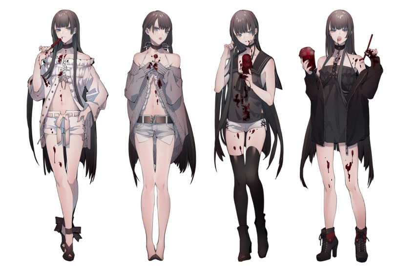1girl babydoll black_footwear black_hair black_jacket black_legwear blood blood_on_face blood_on_leg bloody_clothes blue_eyes bubble_tea candy choker drinking_straw fangs food hand_on_hip high_heels highres holding holding_food ice_cream ice_cream_cone jacket lollipop long_hair looking_at_viewer multiple_views open_clothes open_jacket original popsicle short_shorts shorts simple_background standing straight_hair sweater thigh-highs tobacco_(tabakokobata) vampire very_long_hair white_background white_shorts