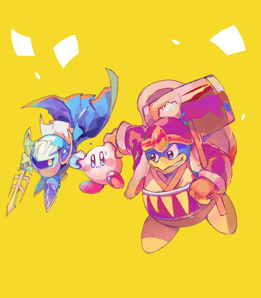 3boys beanie blue_eyes blush_stickers cape coat commentary_request crying falling fur-trimmed_coat fur_trim grin hat highres holding holding_hands holding_sword holding_weapon japanese_clothes king_dedede kirby kirby_(series) looking_at_another mallet mask meta_knight mittens multiple_boys obi oversized_object raised_eyebrow red_coat red_headwear sash shoulder_armor simple_background smile solid_oval_eyes spaulders sword tomatojuice1923 wavy_mouth weapon yellow_background yellow_eyes