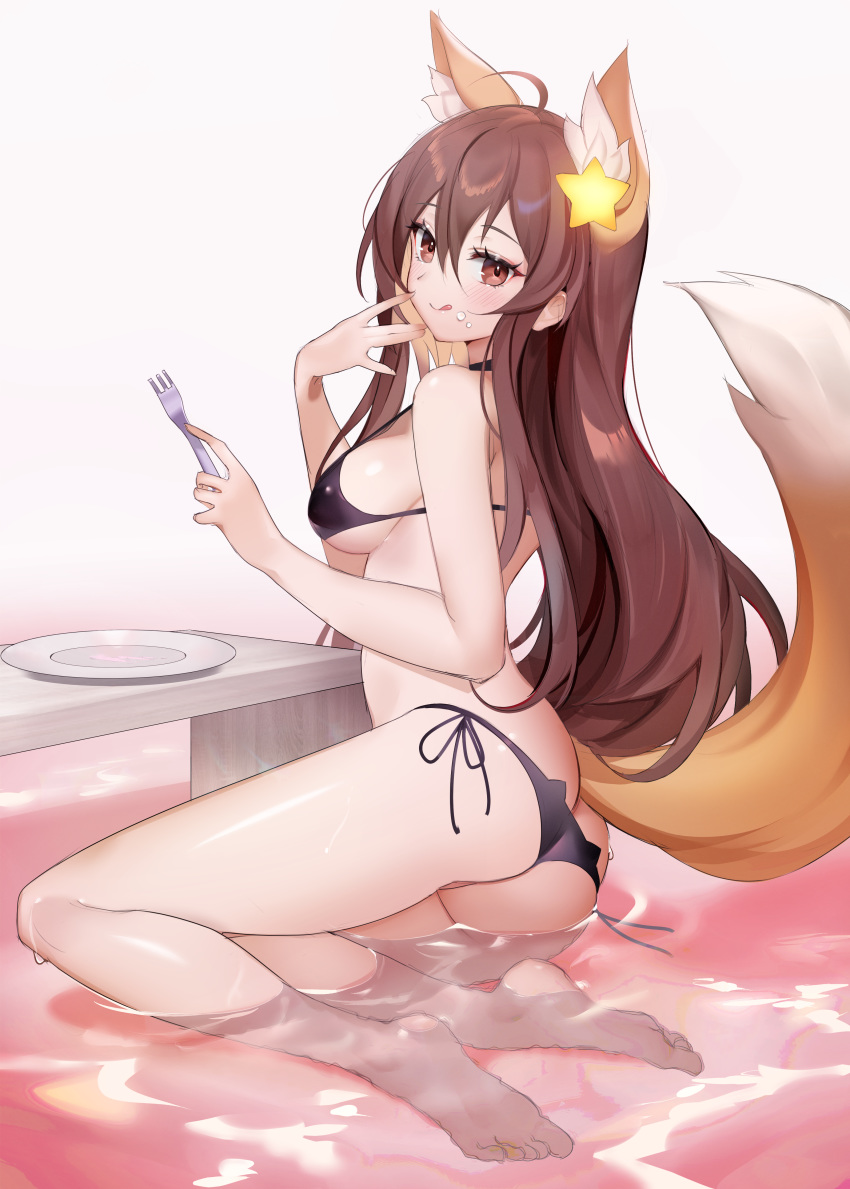 1girl :q absurdres ahoge animal_ear_fluff animal_ears ass bangs bare_arms bare_legs bare_shoulders barefoot black_bra black_panties blush bra breasts brown_eyes brown_hair commentary_request ei1han food food_on_face fork fox_ears fox_tail grey_background hair_between_eyes hair_ornament hand_up highres holding holding_fork large_breasts long_hair looking_at_viewer original panties plate side-tie_panties smile solo star_(symbol) star_hair_ornament tail thighs tongue tongue_out underwear underwear_only very_long_hair