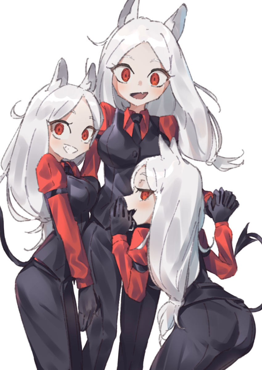 3girls animal_ears armlet business_suit cerberus_(helltaker) demon_girl demon_tail dress_shirt epi_zero facing_another facing_back facing_to_the_side facing_viewer formal gloves hand_on_another's_stomach hand_on_another's_thigh helltaker highres holding_hands long_hair looking_at_viewer multiple_girls necktie red_eyes red_shirt shirt smile suit tail white_background white_hair